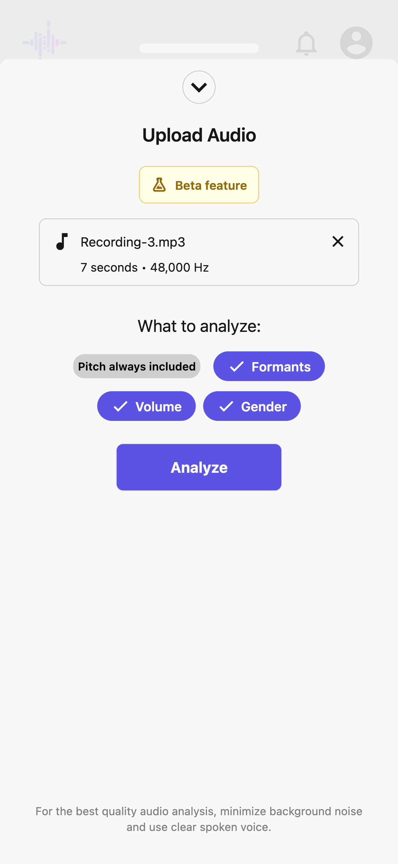 Genderfluent Upload Audio screen with a selected MP3 file and options for formant, volume, and gender analysis.