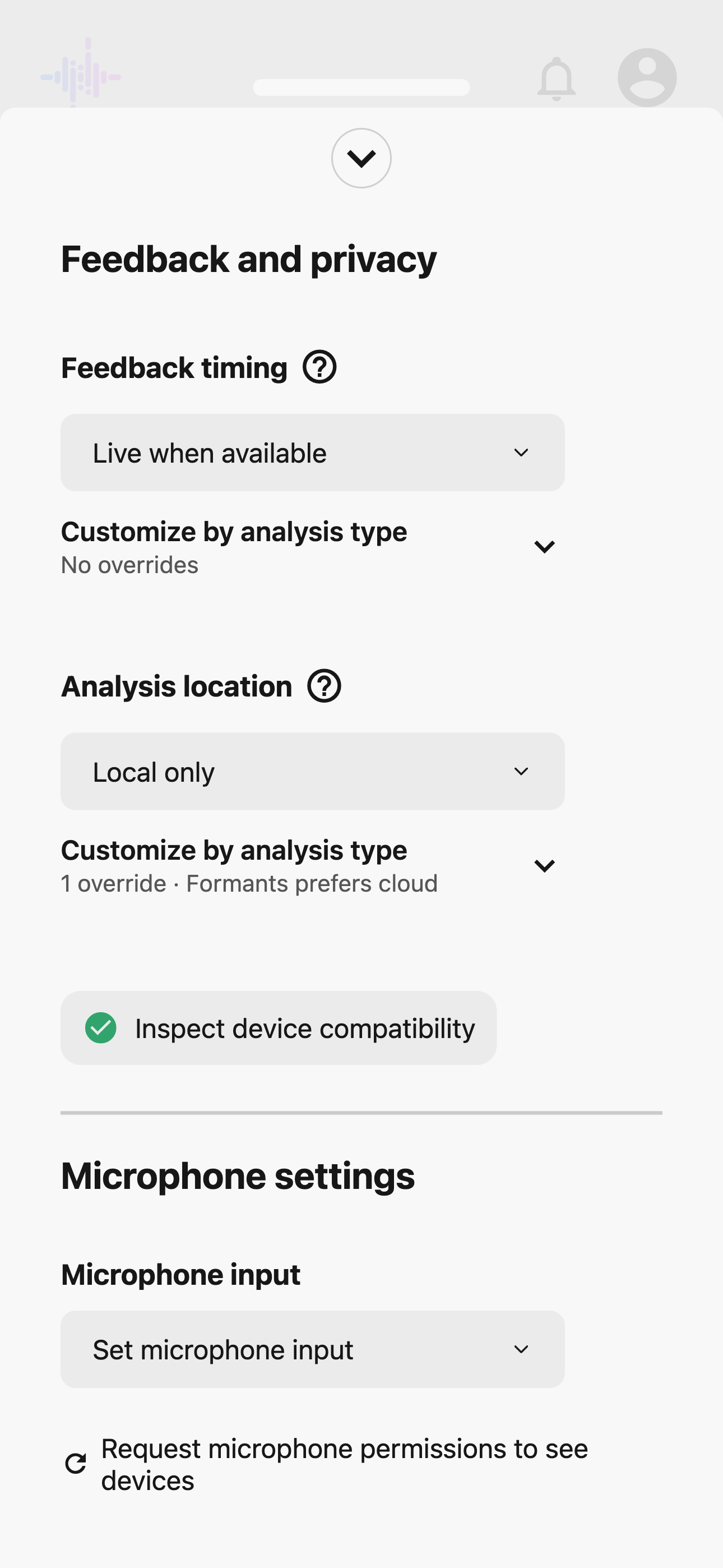 Genderfluent Feedback and privacy settings showing feedback timing, analysis location, device compatibility, and microphone settings.